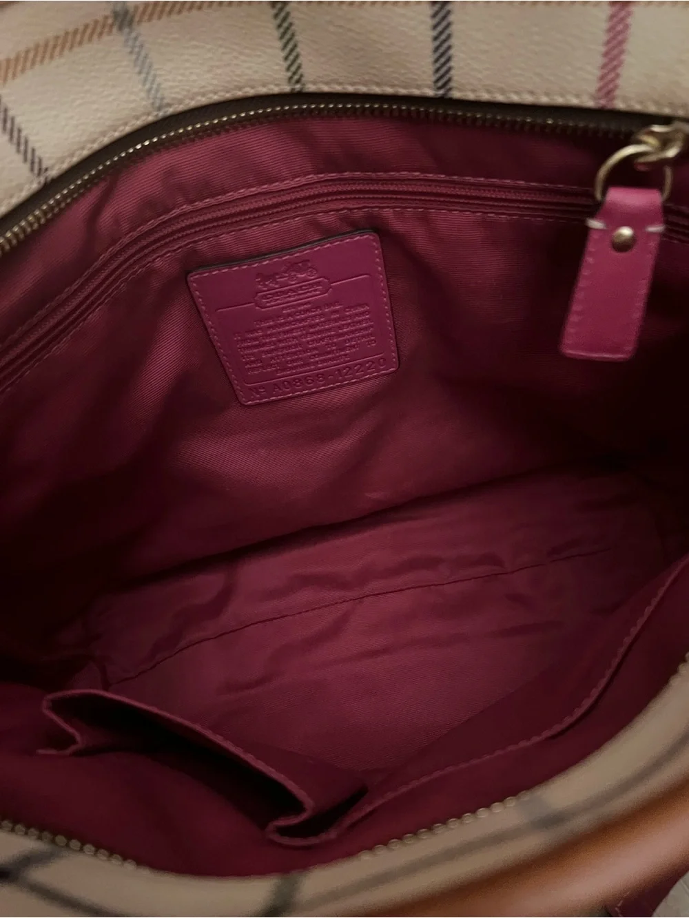 Vintage COACH Heritage Stripe Tattersall Plaid Tote Bag Magenta